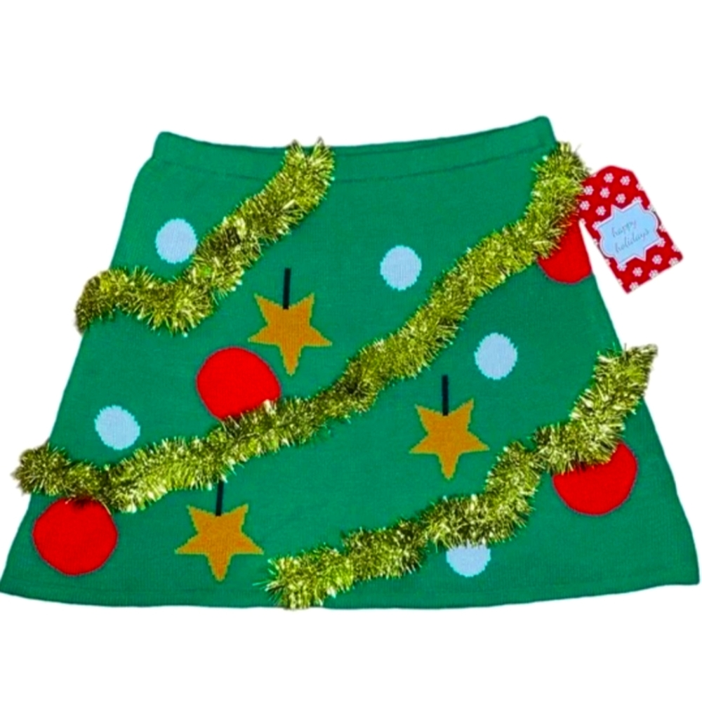 Christmas Tree Tinsel Knit Holiday Skirt Green & Gold Women's Size Small